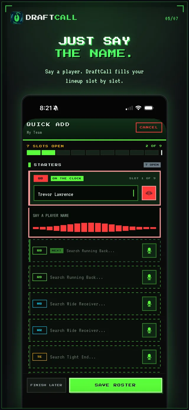 Quick Add screen with the microphone live. Say a player name and DraftCall fills the roster slot, with a level meter showing it listening.